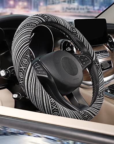 SEG Direct Boho Steering Wheel Cover with Baja Blanket Cloth, Ethnic Style Auto Wheel Cover Made of Coarse Flax, Fits 14 1/2-15 1/4 inches Car Wheel - color: Zebra White