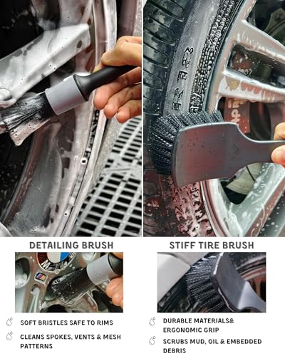 oesee 7PCS Pro-Grade Wheel Cleaning Kit: Long Handle Soft Wheel Brushes, Detailing Brush, Tire Scrubber, Wash Mitt, Hex-Logic Applicator & Microfiber Towel for Deep Car Detailing - size: 7 Packs