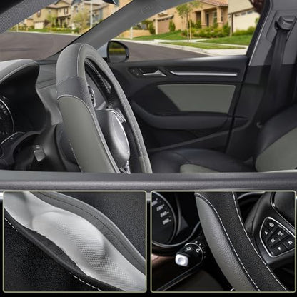 SEG Direct Car Steering Wheel Cover for Prius Civic Model 3 Model Y Camaro, Small Size 14-14.25 inch, Black and Gray Microfiber Leather - color: Black and Gray, size: Small size[14''-14 1/4'']