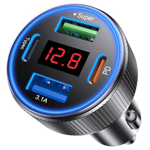 USB C Car Charger, 4 Port 78W USB Car Charger Adapter Fast Charging Multi Port Cigarette Lighter Adapter with Voltmeter Type C Phone Car Accessories for iPhone 17/16/15/14, Samsung Galaxy, iPad - color: Black