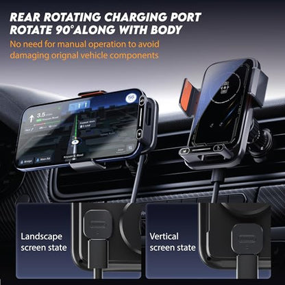 15W Wireless Car Charger & Auto Rotating Car Phone Holder MagSafe Compatible with LED Lights, Gesture Control Clamping, Auto Arm Opening, Built-In Battery, Dual Mount Options for Vent or Dashboard