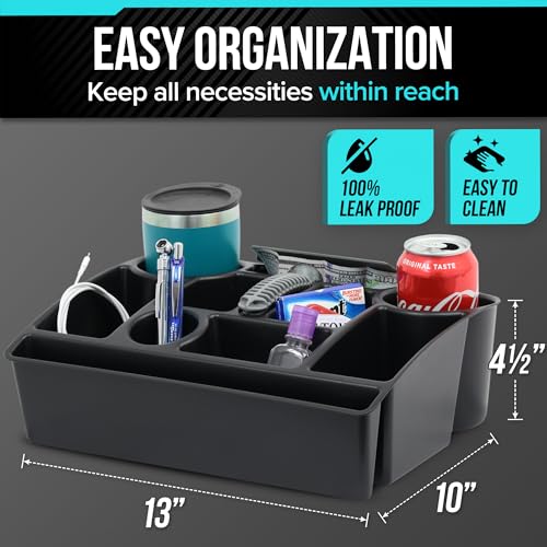 Moblorg Vehicle Seat Organizer Car Storage Caddy with Carrying Handle, 2 Large Cup Holders, 10 Compartments, Hidden Extra Storage, Fits Most Vehicles, Made in USA from Recycled Plastic