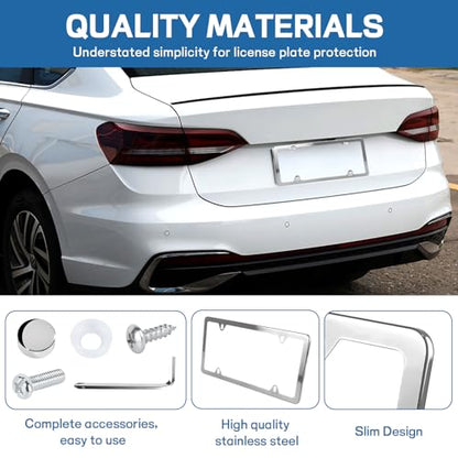 Wuyaoyao 2PCS Car License Plate Frames, 4 Holes Stainless Steel License Plate Frame, Slim License Plates Cover Holder with Screws Bolts Caps Washers, Universal Exterior Car Accessories (Silver) - color: Silver