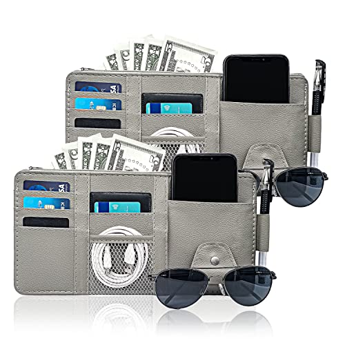 Keedolla 2Pcs Car Sun Visor Organizer with Zipper Pocket, Car Truck Visor Storage Pouch Holder Travel Auto Document Holder for Mobile Phone, Sunglasses, Card - Gray - color: 2 Pack-Gray