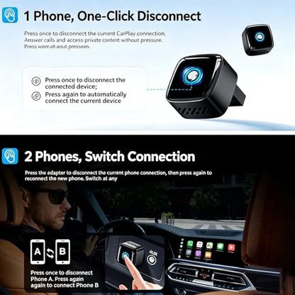Mini Wireless CarPlay Adapter for iPhone/Android Auto, 2-in-1 Wired to Wireless Car Dongle, One-Click Switch, 5s Auto Reconnect, 5.8GHz WiFi+Bluetooth5.4, Compatible with iOS10+/Android10+，Black