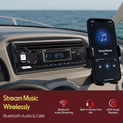 Pyle Marine Radio Stereo Receiver with Bluetooth MP3 Player - Single DIN Boat Audio System, AM/FM Tuner, USB/AUX Input, 30 Preset Stations, Hands-Free Calling, 350 W Power for Marine and Boat Use - size: 350w