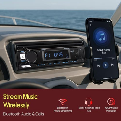 Pyle Marine Radio Stereo Receiver with Bluetooth MP3 Player - Single DIN Boat Audio System, AM/FM Tuner, USB/AUX Input, 30 Preset Stations, Hands-Free Calling, 350 W Power for Marine and Boat Use - size: 350w
