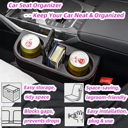 Car Cup Holder Expander & Seat Gap Filler - PU Leather Cover with Stitching, Multifunctional Front Seat Organizer, for Car Truck Van, Holds Large Cups and Phones,Prevent Dropping Items (1Pack, Black) - color: Black