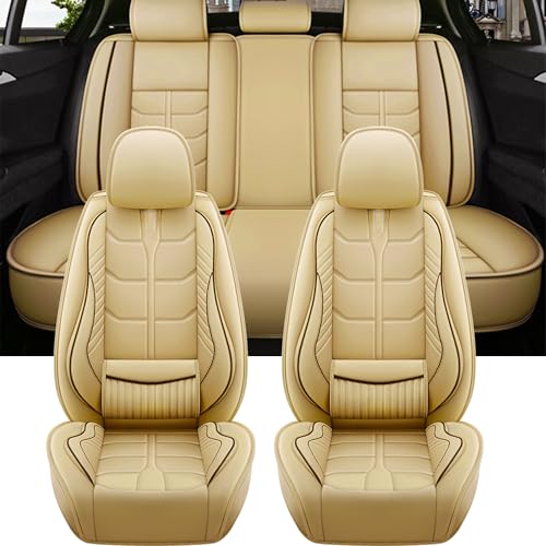 Amooca Car Seat Covers Full Set Automotive Seat Protection Fit for Most Cars SUVs Front & Back Seats Waterproof Nappa Leather Car Seat Cushion Protector Beige - color: Beige