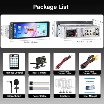 REAKOSOUND 6.9" Single Din Car Stereo with Apple CarPlay & Android Auto, Single Din Touchscreen Radio, Car Stereo with Bluetooth, Backup Camera, GPS Navigation, Mirror Link, FM/AM, EQ, USB, SWC, MIC