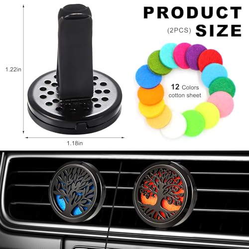 KVAEY 2PCS 30mm Car Diffuser Vent Clips, Tree of Life Aromatherapy Essential Oil Diffuser Locket with 12 Felt Pads, Stainless Steel Car Diffuser Locket Air Freshener (Black)