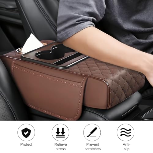 Car Armrest Cushion, 5-in-1 Nappa Leather Vehicle Centre Console Cover with 2 Storage Pockets, Cup Phone & Phone Holder, Multifunctional Auto Organiser Accessories, Universal Fit (Coffee) - color: Coffee