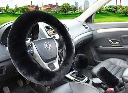 Pinbola 5pcs in 1 Set Faux Wool Steering Wheel Cover Soft Fluffy Handbrake Cover & Gear Shift Cover & 2pcs Seat Belt Shoulder Pads Warm Universal Fit for 15 Inch (Black) - color: Black
