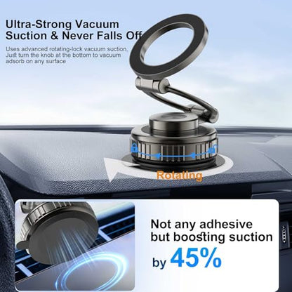 Phone Holders for Your Car, [80+LBS Strongest Suction & 2800gf Magnetic] 360° Adjustable Foldable Vacuum Magnetic Suction Car Cell Phone Holder Mount Compatible for MagSafe iPhone Car