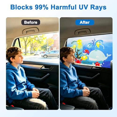 Linkstyle 2PCS Car Window Shade: Magnetic Kids Sun Shade for Steel Doors, Blackout UV Protection Heat Blocking, Cartoon Amusement Park Car Side Window Covers for Baby Privacy