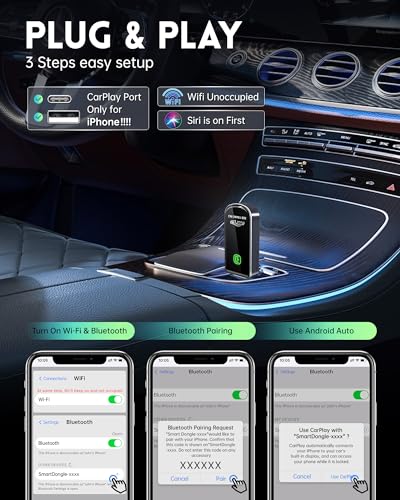 Amzfeel Wireless CarPlay Adapter for Apple iPhone iOS 10+ & Cars from 2015+, Mini Edition, Convert Factory Wired to Wireless CarPlay Dongle Plug & Play GPS Digital Media Receiver (Brushed Cobalt Blue)