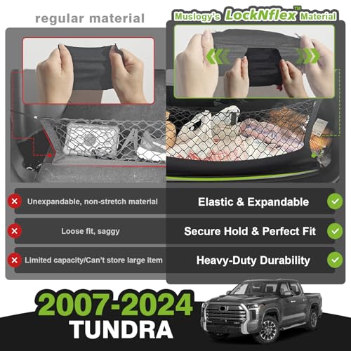Muslogy Truck Bed Cargo Net Compatible with Toyota Tundra 2007-2024 2025 2026 Accessories, Pickup Truck Bed Cargo Organizer Storage Net with Heavy Duty Carabiners - style: 2007+ Tundra