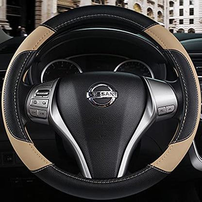 Leather Car Steering Wheel Cover, Non-Slip Car Wheel Cover Protector Breathable Microfiber Leather Universal Fit for Most Cars(Beige) - color: Beige