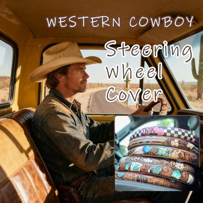 Western Cowboy Steering Wheel Cover Leather, Retro Car Tooled Leather Steering Wheel Cover, Embossed Hand-Painted Universal Anti-Slip - color: E Color