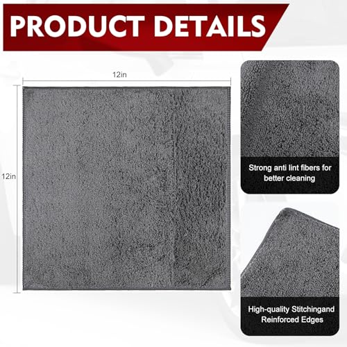 Puomue 12 Pack Microfiber Cleaning Cloth for Cars, 12" X 12" Car Microfiber Towels, Soft, Absorbent and Lint Free Cleaning Cloth, Premium Wash Cloth for Car,Window and Household, Dark Grey