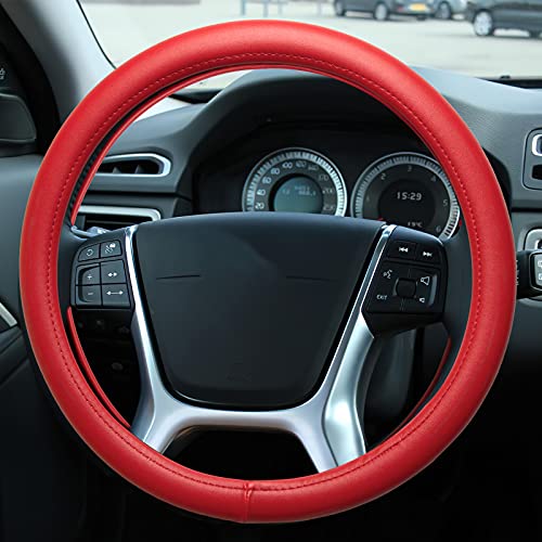 Evankin Red Leather Steering Wheel Cover, Comfortable and Soft Solid Color Universal Steering Wheel Cover 15 inch, Suitable for Most Cars (Red) Valentine's Day - color: Red