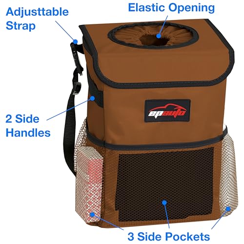 EPAuto Waterproof Car Trash Can with Lid and Storage Pockets, 2.5 Gallon Leakproof, Brown - color: Brown