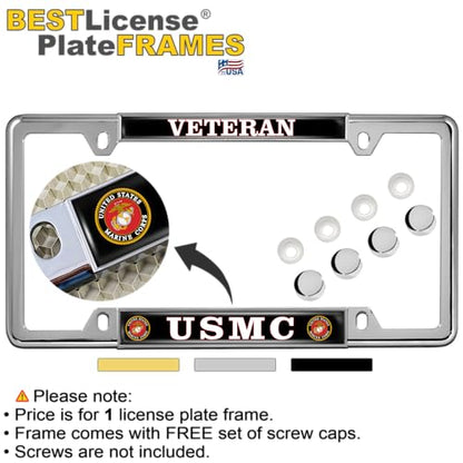 [Officially Licensed US Marine Corps Product] - USMC Veteran - Domed Custom-Made Personalized Narrow (Thin) Top 4 Hole Metal Car License Plate Frame with Free caps - Chrome Frame (Qty: 1) - color: Chrome - Style 1