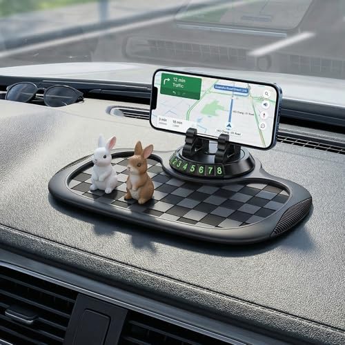 Multifunction Car Anti-Slip Mat, with Phone Holder, Temporary Parking Number and Large Pad, Rotatable 360° Anti-Skid Car Dashboard Pad for Phone, Sunglasses, Keys (Gray)