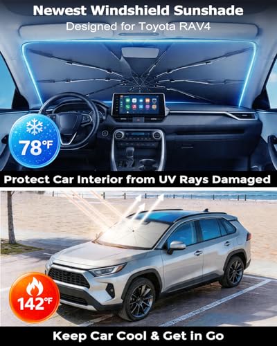 DMJN Umbrella Windshield Sun Shade for Toyota RAV4, Car Sunshade for Front Windshield [Nano Ice-Crystal Coatings] UPF50+ Heat & UV Block, Protect Interior & Keep Cooler - size: For | Toyota Rav4