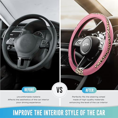 Road Comforts Steering Wheel Cover - Made with PVC Leather and Leopard Fabric - Universal 14 1/2 inches to 15 inches for Most Automotive Steering Wheel - Cheetah Print -Pink - color: Round-Pink