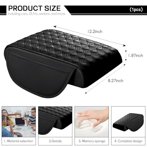 Car Armrest Cushion, 12.2"×8.3" Leather Auto Memory Foam Center Console Pad with Storage Pocket, Waterproof & Anti-Scratch Elbow Pillow Armrest Seat Box Protector, Universal Fit (Black) - color: Black