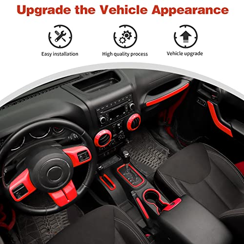 CheroCar 18PCS Interior Trim Kit for Jeep Wrangler JK JKU 2011-2018 4 Door,Steering Button Frame, Air Conditioning Vent Trim Cup Holder Cover,Gear Shift Knobs Frame,Red… - color: Red