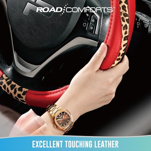 Road Comforts Steering Wheel Cover - Made with PVC Leather and Leopard Fabric - Universal 14 1/2 inches to 15 inches for Most Automotive Steering Wheel - Cheetah Print -Red - color: Round-Red