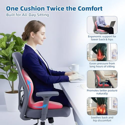 Office Chair Cushion with Back Support, Ergonomic Seat Cushion High Density Memory Foam with U-Shaped Raised Sides, Breathable Coccyx Relief for Better Posture, Office Chair, Car, Home (Pink) - color: Pink