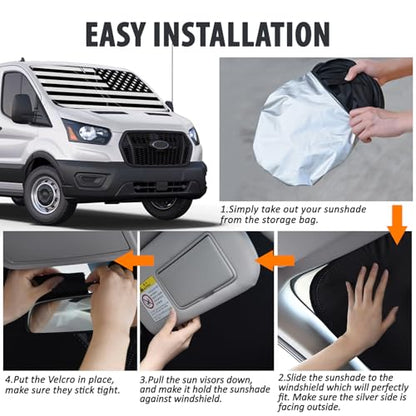 D-Lumina Windshield Sun Shade for 2015-2025 2026 Fo'rd Transit Accessories Wagon XL,Wagon XLT Cargo Vehicle, Connect Van XL, Front Window Sunshade American Flag Sun Visor Protector Blocks UV Rays Heat - size: Silver & Black-fit 2015-2025 Ford Transit