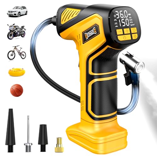 DIYtoolifz 150PSI Tire Inflator Portable Air Compressor: Cordless Air Pump Compatible with Dewalt 20V Battery - Car Tire Pump with Digital Pressure Gauge & LED Light for Auto, Motorcycles (Bare Tool) - color: Yellow- Compatible With Dewalt 20v(baretool),