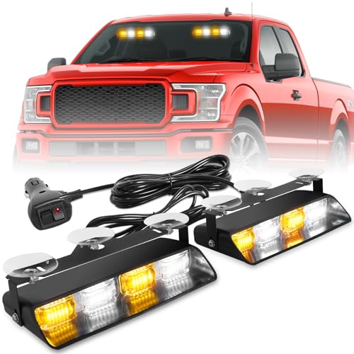 HLauto 2002L Emergency Dash Strobe Lights: Amber White Safety Lights, Flashing Warning Hazard Windshield Visor Traffic Light Bars for Trucks, Construction Vehicles (2x8.5 inch, 48LED) - color: Amber/White