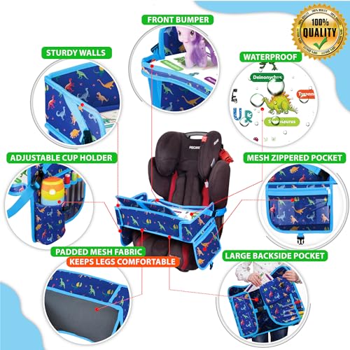 Kids Travel Tray - Waterproof Car Table with No-Drop Large Tablet Holder - Car Seat Tray - Road Trip Must Haves - Lap Desk Kids Organizer for Airplane - Toddler Travel Activities (Blue) - color: DINOSAUR
