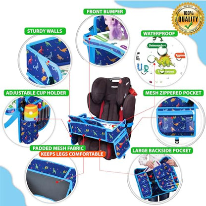 Kids Travel Tray - Waterproof Car Table with No-Drop Large Tablet Holder - Car Seat Tray - Road Trip Must Haves - Lap Desk Kids Organizer for Airplane - Toddler Travel Activities (Blue) - color: DINOSAUR