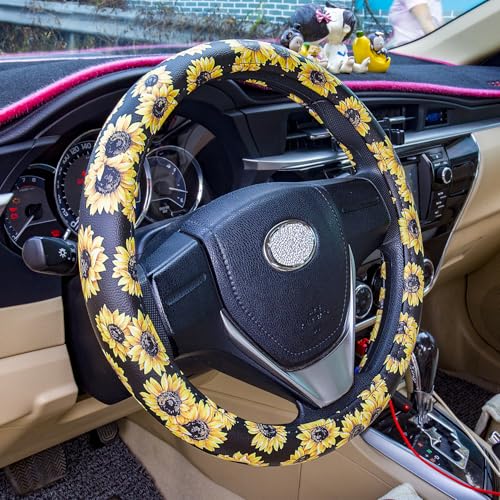Evankin Sunflower Steering Wheel Cover Cute and Handmade,Leather Universal Steering Wheel Cover 15 inch, Fashionable Boho Sunflower Car Accessories for Women,Top Girl Car Accessories - color: Leather Sunflower Steering Wheel Cover