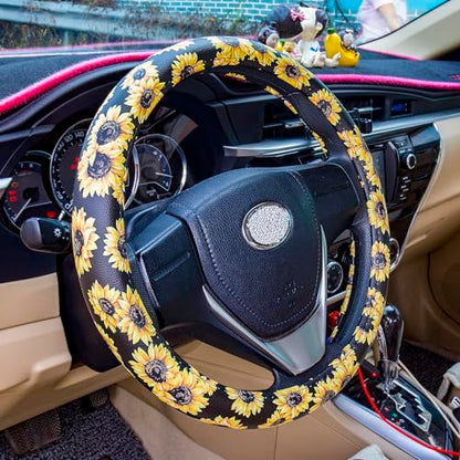 Evankin Sunflower Steering Wheel Cover Cute and Handmade,Leather Universal Steering Wheel Cover 15 inch, Fashionable Boho Sunflower Car Accessories for Women,Top Girl Car Accessories - color: Leather Sunflower Steering Wheel Cover