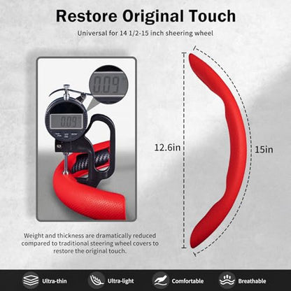 Nappa Leather Car Steering Wheel Cover for Men Women, Ultra-Thin Non-Slip Breathable Microfibre, Universal for 14.5"-15" Steering Wheel - Red - color: Red