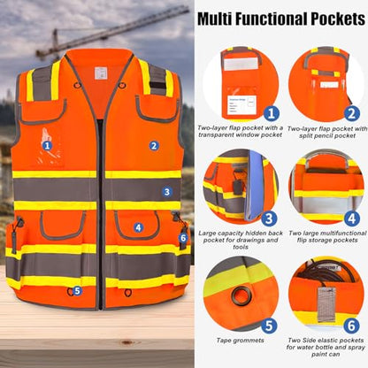 HYCOPROT Reflective Safety Vest Class 2 High Visibility Heavy Duty Construction Vest with Padded Neck,Meet ANSI/ISEA Standard - color: Orange, size: 3X-Large