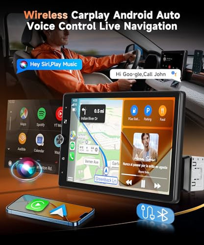 MAHVEC 10.4'' Single Din Car Stereo with Wireless CarPlay Android Auto, HD Rotation Touchscreen Radio with Bluetooth, USB, Mirror Link, SWC, Car Play, FM/RDS Radio, Backup Camera