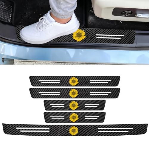 Sunflower 5PCS Car Door Sill Protector,Carbon Fiber Leather Door Sill Sticker,Decor Doors Sill Scuff Plate Sticker for All Car Models,Sunflowers Gifts for Men Women,Sunflower Car Accessories Decor - color: Sunflower