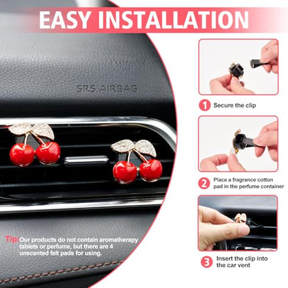 Rislobx 4PCS Cherry Air Vent Clip, Bling Air Outlet Freshener Clip, Crystal Diamond Cherry Car Accessories, Girly Car Decor for Women