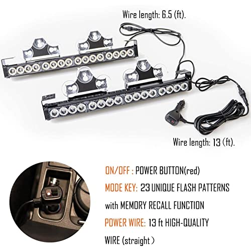 Blue/White 2 in 1 Emergency Strobe Light Bar 21 Flash Patterns Traffic Advisor Warning Hazard Windshield Safety Lights Bar with Cigar Lighter for Police Vehicles, Truck (2×16.8 inch, 32 Led) - color: Blue/White