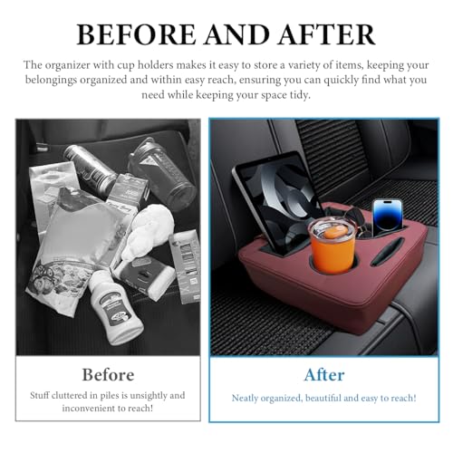 Car Back Seat Organizer, Leather Automotive Rear Seat Couch Cup Holder Expander Tray, Vehicle Cup Holder Tray Holds Snacks Remotes Phones for Truck RV Boat Couch Pillow Bed (Wine Red) - color: Wine Red