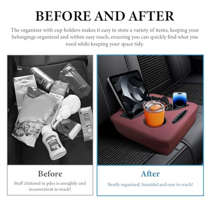Car Back Seat Organizer, Leather Automotive Rear Seat Couch Cup Holder Expander Tray, Vehicle Cup Holder Tray Holds Snacks Remotes Phones for Truck RV Boat Couch Pillow Bed (Wine Red) - color: Wine Red