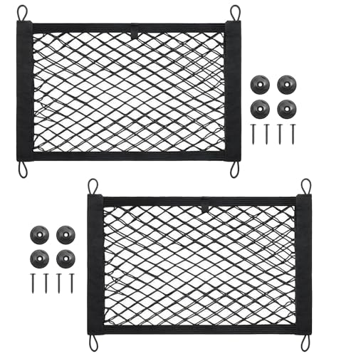 2 Pcs Small Cargo Net, Mesh Pocket Elastic Cargo Net Stretchable Car Net Pocket Storage with 8 Mounting Screws and Hooks for SUV/Car/Truck/RV/Boat（17.7 ×9.8in） - size: 17.7 x 9.8 inches